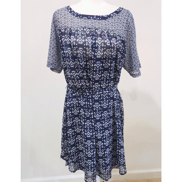 LOFT Womens Navy Blue White Aztec Print Belted Midi Dress Size Medium NEW Summer - Picture 2 of 12